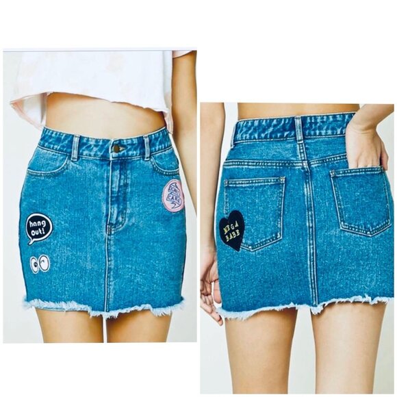 Forever 21 Skirt Women's Size Small Denim Jean Mini With Patches High Waisted - Picture 1 of 6